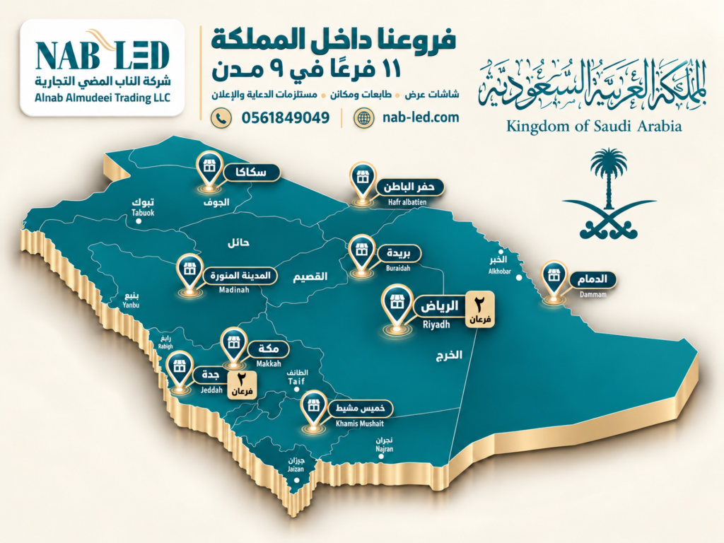 خريطة فروع الناب المضيء بألوان الهوية البصرية البترولي والذهبي الفاتح، تعرض ١١ فرعًا في ٩ مدن سعودية